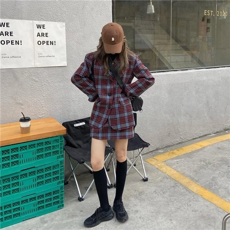 Fashion Two-piece Suit Women Winter New Style Korean Plaid Woolen Blazer + High Waist A-line Skirts Sets Female