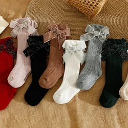 Red/Green Solid Toddler Kids Bow Socks Casual Baby Girls Ribbed Soft Breathable Christmas Sockens Autumn Knitted Children Socks