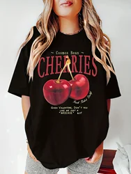 Plus Size Casual Crew Neck T-Shirt with Cherry Graphic Print-100% Polyester Knit Fabric with Medium Stretch