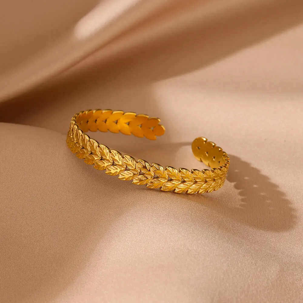 Vintage Leaves Bangle Bracelets for Women Stainless Steel Gold Color Bracelet Female Classic Plant Aesthetic Couple Jewelry Gift