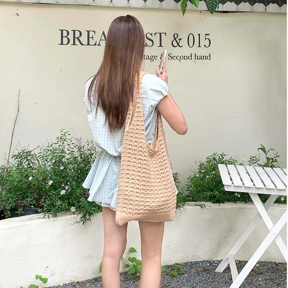

Large Capacity Crochet Tote Bag Lightweight Korean Style Hollow Woven Shoulder Bag Solid Color Cotton Knitting Handbag Women