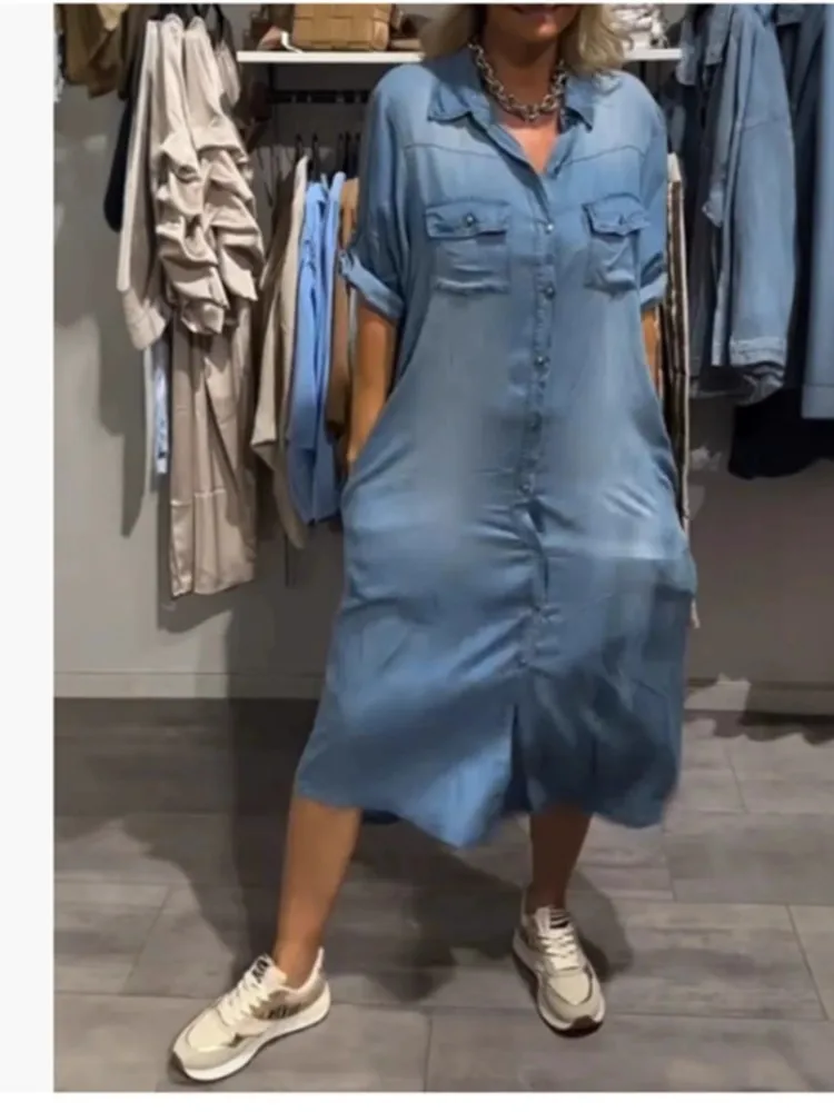 

2025 New Women's Single-breasted Pocket Short-sleeved Women's Dress Fashionable Casual Loose Lapel Solid Color Long Dress Female