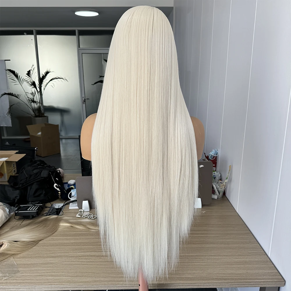 Platinum Blonde Synthetic Lace Front Wigs For Women Glueless Natural Long Straight Synthetic Hair Daily Wear Cosplay Blonde Wig
