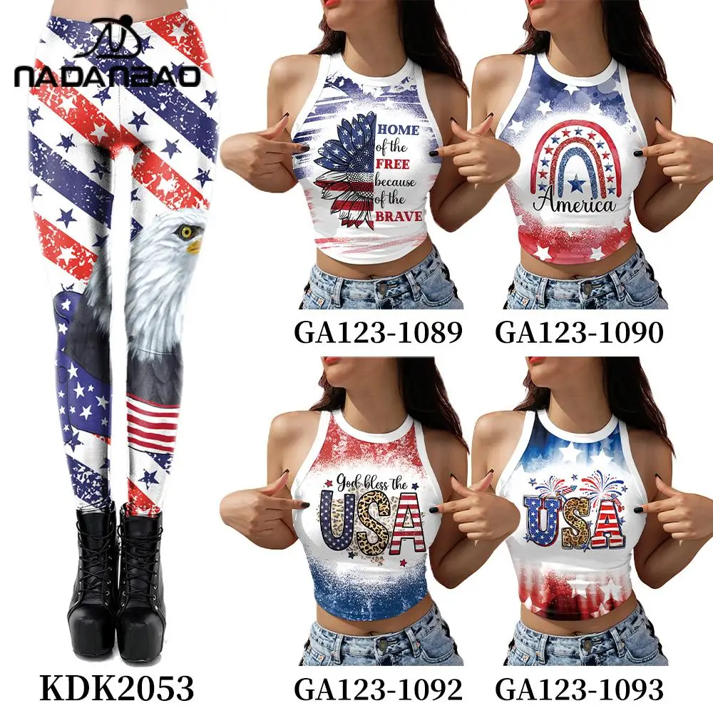 

Nadanbao USA Flag Print Pants Set Independence Day Party Leggings Women's Y2K Sleeveless Crop Tops Soft Elastic Yoga Trousers