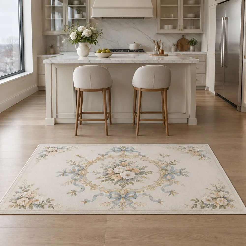 VIKAMA Area Rug Misty White Gold Line Bouquet Ribbon Laundry Room Staircase Master Bedroom Kitchen Modern Home Decor