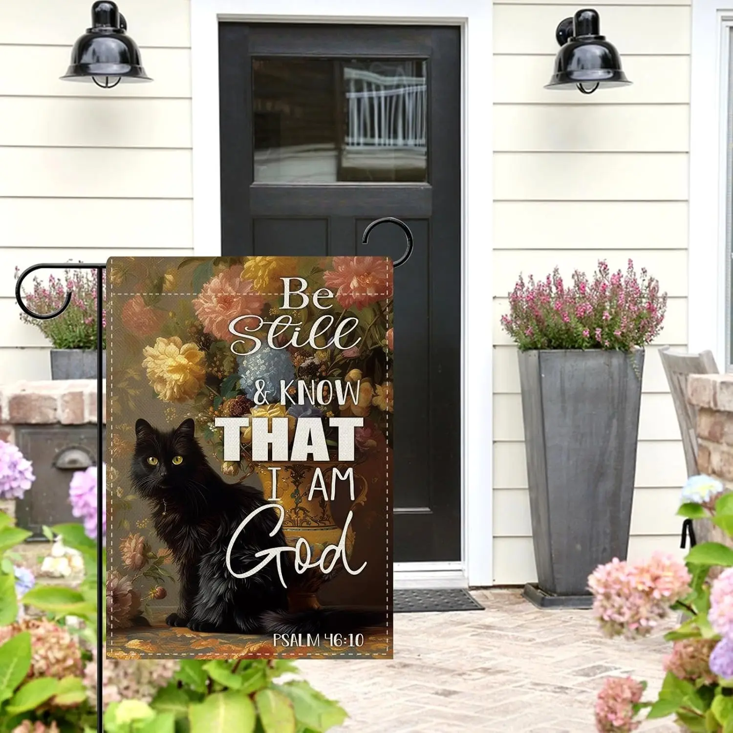 Dyrenson Christian Black Cat Floral Decorative Garden Flag, Religious Be Still and Know That I am God Psalm 46:10 Yard Home  PPZ