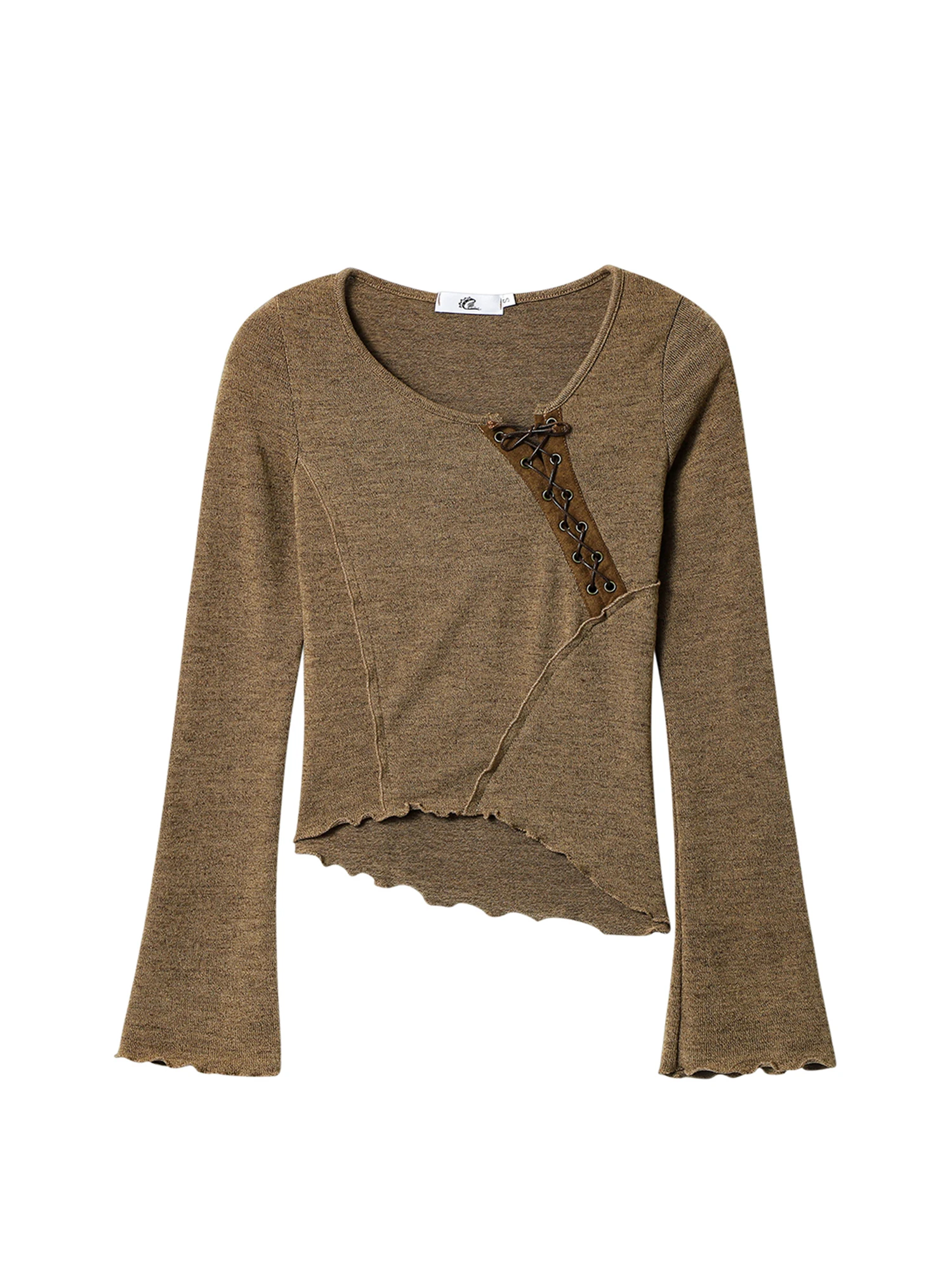 

Women Brown T-shirt Y2k Gyaru O-Neck Tee Top 2000s Vintage Lace-up Long Sleeve Asymmetrical T-shirts Clothes Spring Autumn 2025
