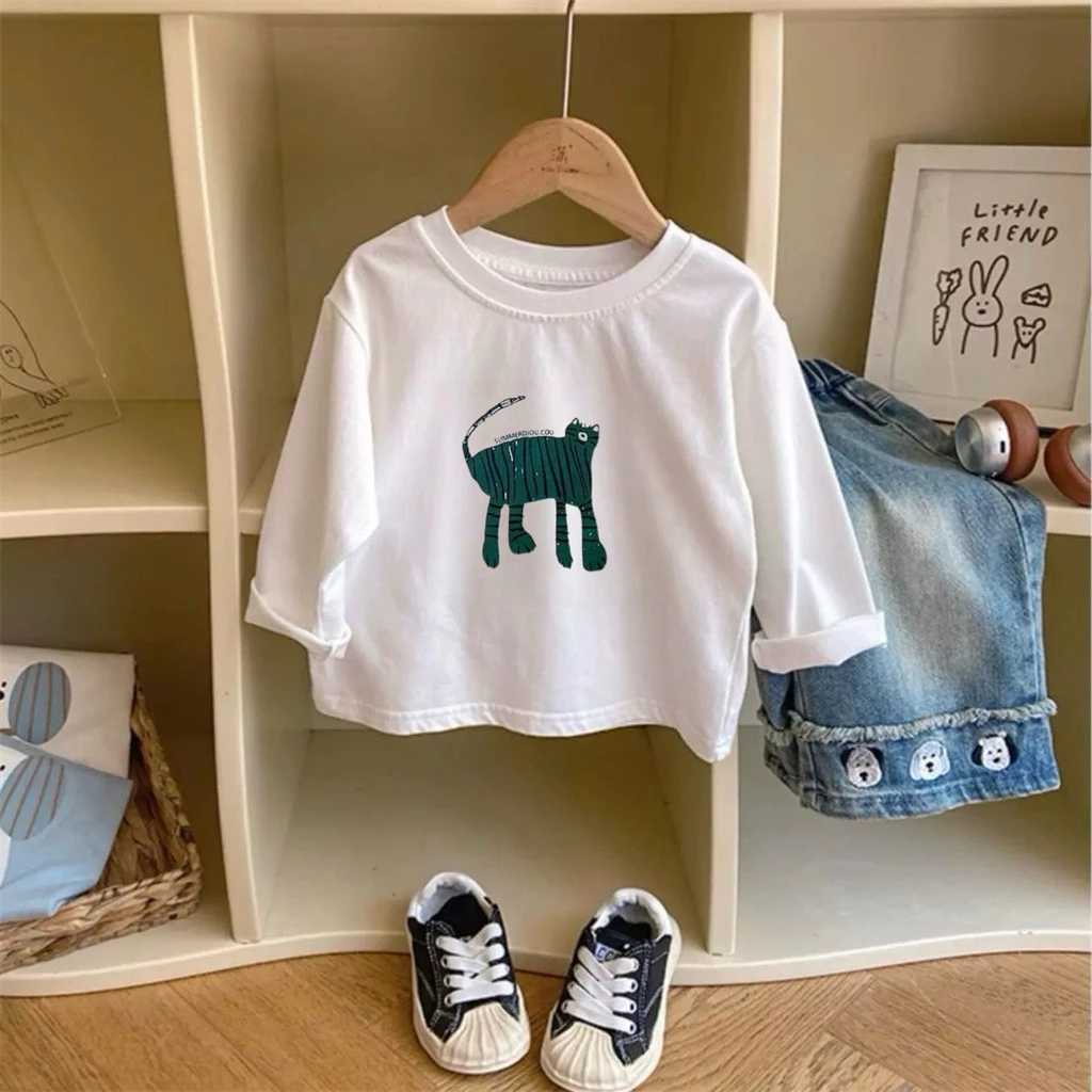 Korean Version T Shirt Long Sleeve Boys And Girls Cartoon Printed Round Neck Base Shirt Thin Cotton Tees Fashion Lovely Clothes