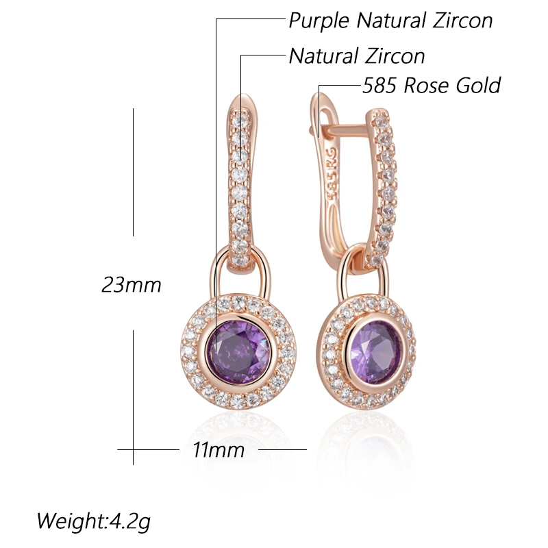 Kinel Sparkling Purple Round Natural Zircon Drop Earrings for Women Fashion 585 Rose Gold Color Vintage Party Daily Jewelry