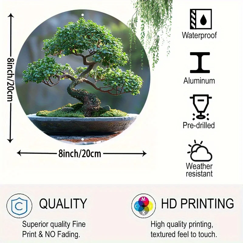 Waterproof Aluminum Art Set with 1pc Bonsai Tree Circular Wall Decor, 8x8 Inch Greenery Themed High-Definition Metal