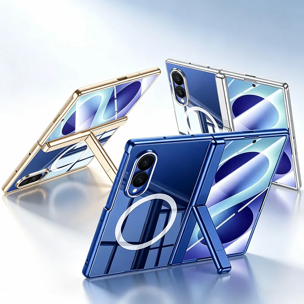 Central Axis Side Bracket Clear Case For Samsung Galaxy Z Fold 8 Fold8 Ultra Magnetic Ring Plated Frame Glass Protective Cover