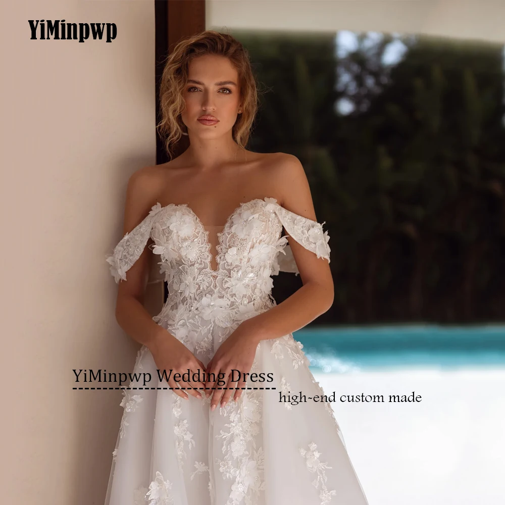 Fiori Abito da sposa 2025 Donne con spalle scoperte Scollo a V Applique Backless Abiti da sposa A-Line Tulle abiti da sposa Personalizzato