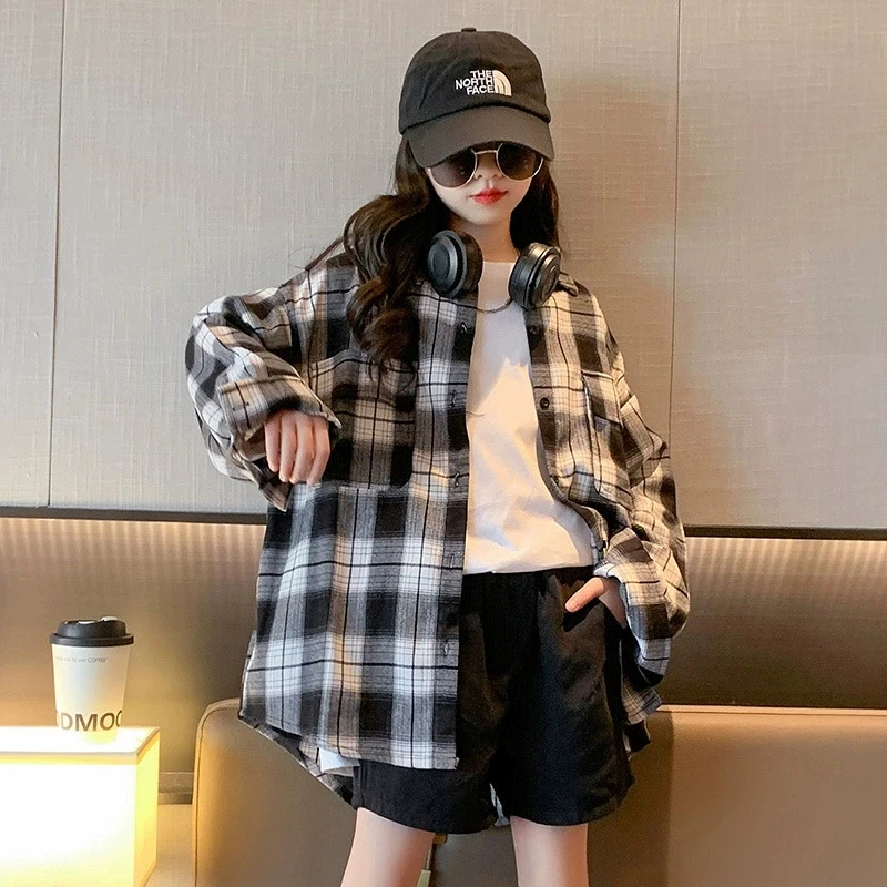 4 5 6 8 10 12 14 Years Autumn Girls Shirt New Grid Fashion Long Sleeve Spring Jacket Birthday Gifts Teenagers Children Clothing