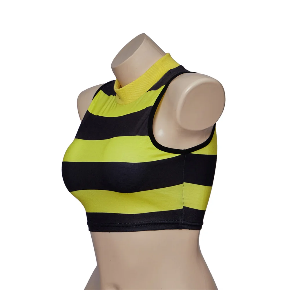 Movie Character Yellow Black Stripe Crop Top Women Girls Sexy Round Neck Sleeveless Vest Halloween Carnival Party Cosplay Tanks