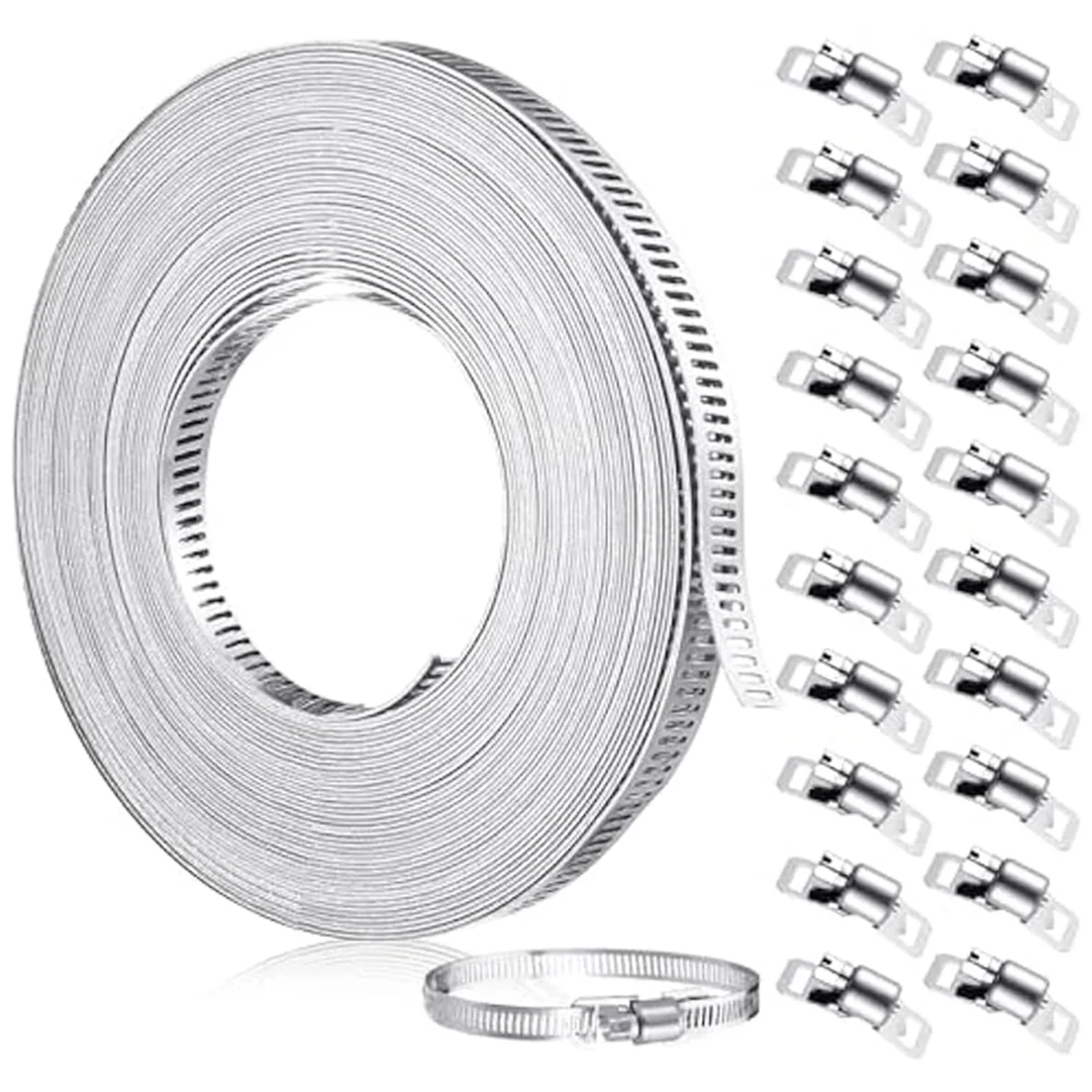 33Ft Stainless Steel Hose Clamp DIY Metal Strap and 20 Pcs Fasteners Adjustable Worm Gear Hose Clamps for Pipe Tube