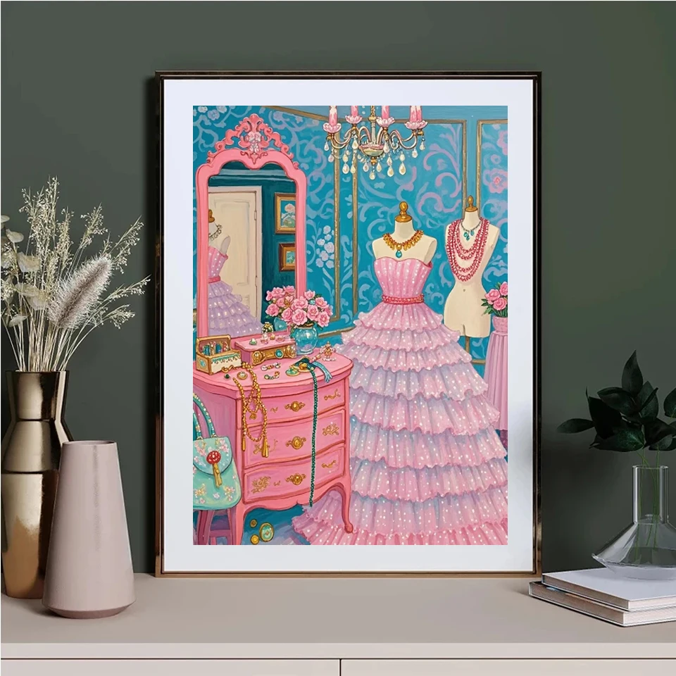 DIY 5D Diamond Painting Kit, Dreamy Pink Princess Room Girly Scene Full Drill Diamond Art, Mosaic Cross Stitch Home Decor Gift view 2