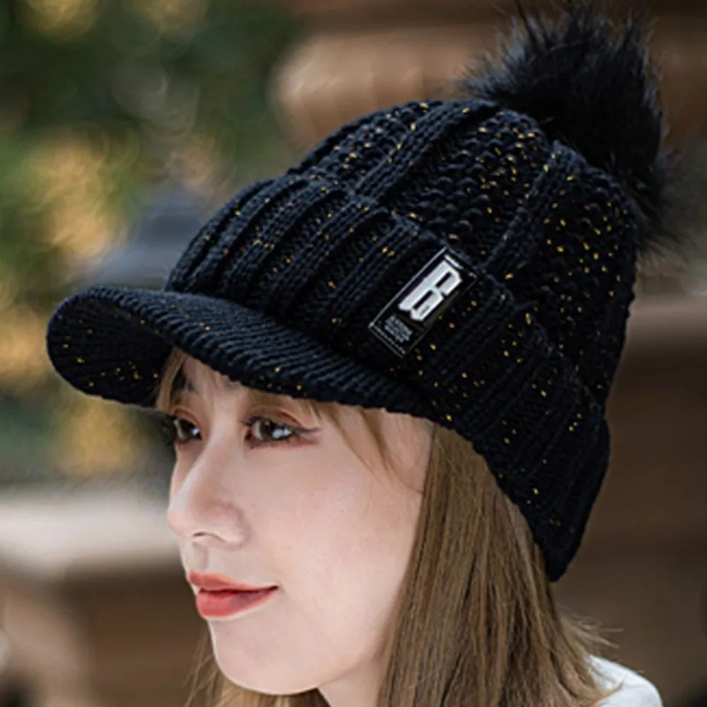 

New Keep Warm Knitted Hat Thickened Windproof Ear Protection Hat With Fur Balls Winter Cap Women