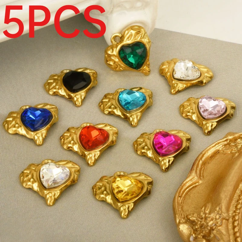 5Pcs 304 Stainless Steel Irregular Heart Pendants Inlaid Glass Rhinestone Elegant Charms For DIY Necklace Earring Jewelry Making