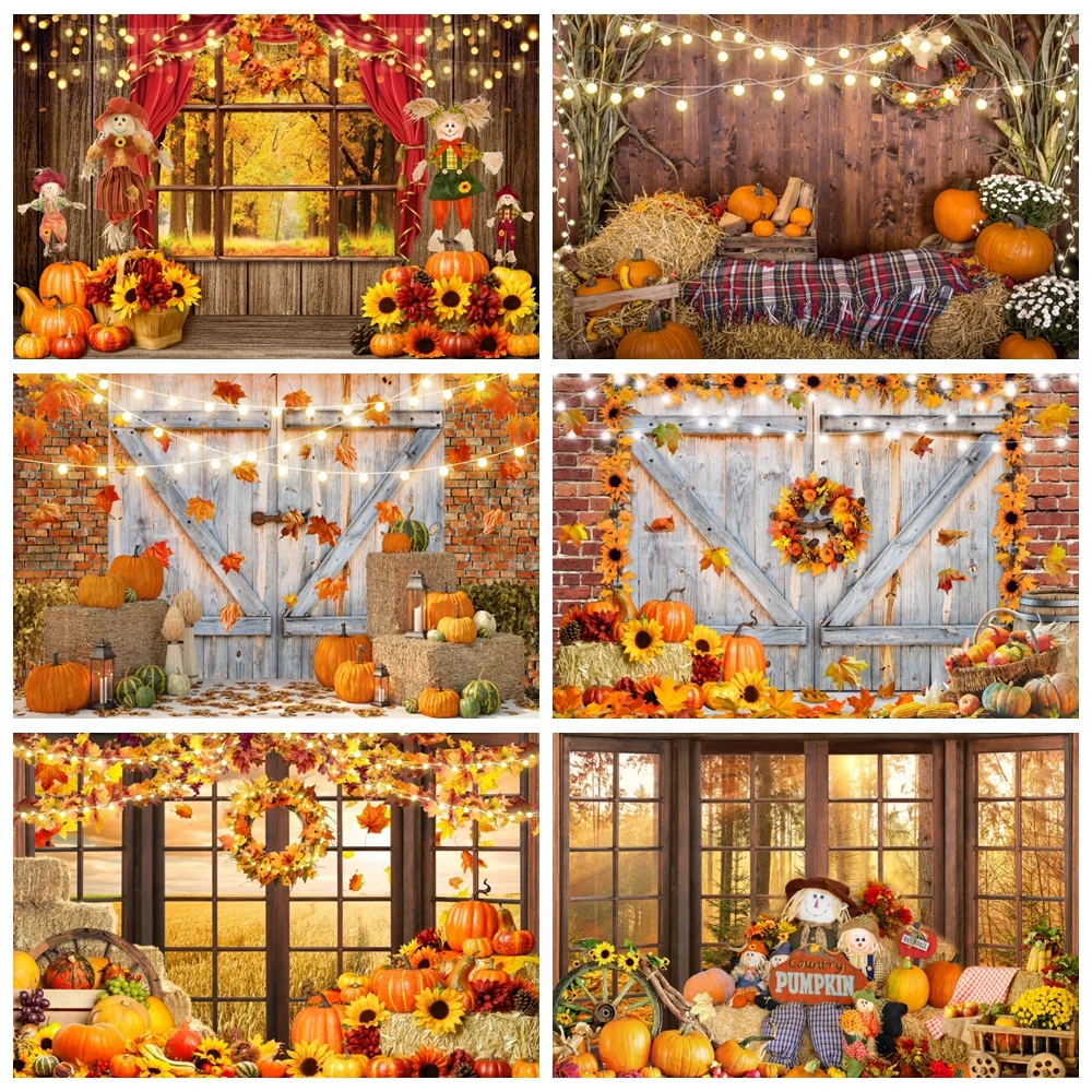 

Autumn Scenery Backdrop Farm Barn Haystack Pumpkin Maple Sunflower Baby Portrait Thanksgiving Photography Background Photo Props