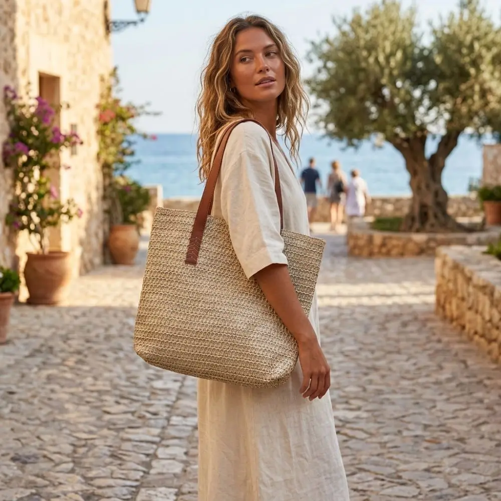 Bolso de mano de rafia tejida de color liso a la moda con cremallera, bolso de playa de gran capacidad, bolso de hombro cuadrado de rafia para viaje