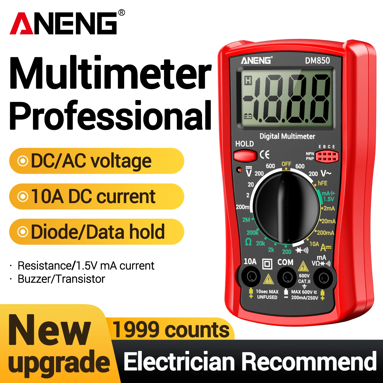 ANENG DM850 Automatisches Digitalmultimeter, professionelles Multimetro, AC/DC-Spannungsprüfer, 1999, Zählungen, Ohm, Amperemeter, Auto-Elektrowerkzeuge
