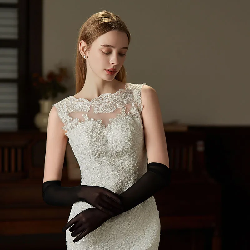 WG125 Wedding Bridal Gloves Full Long Brides Bridesmaid Black Finger Prom Evening Parties Opera Gloves Women Handschuh