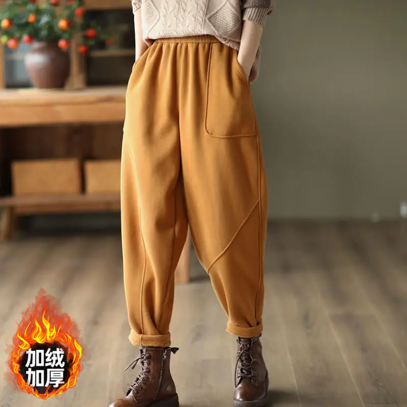 

Winter New Sports Casual Trousers Plus Velvet Thick Warm Knitted Sweatpants Loose Fashion Wide Leg Pants for Women