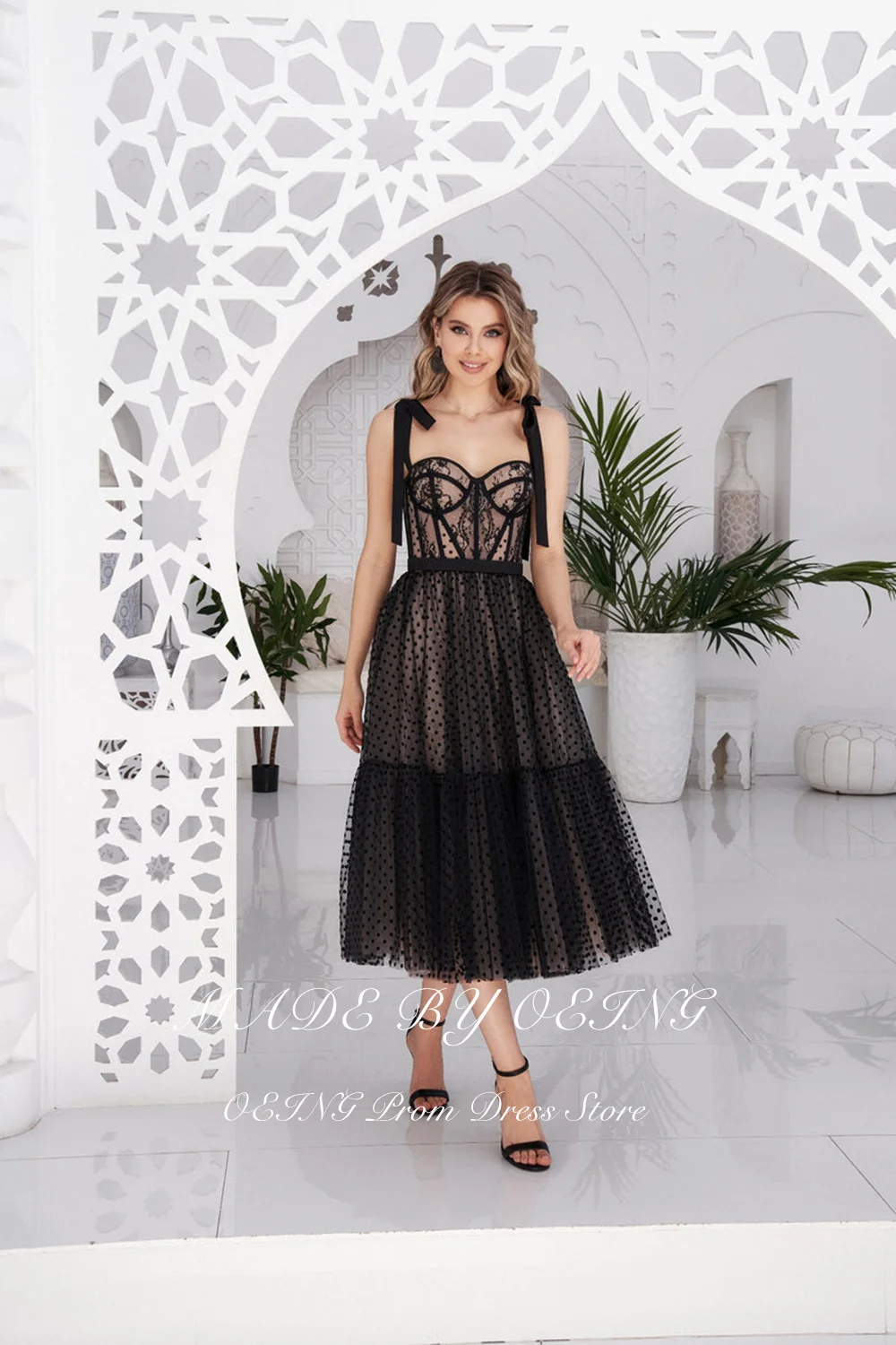 OEING Vintage Sweetheart Style Black Prom Dresses Spaghetti Strap Tea Length Sleeveless Formal Evening Gowns Vestido De Noche