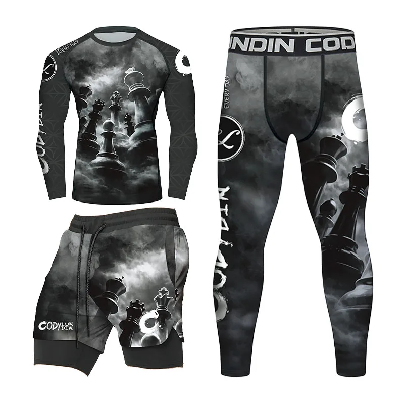 Black‑Grey Chess Graphic Men Compression Suit Long Short Sleeve Rashguard 2‑in‑1 Fight Shorts for MMA BJJ No‑Gi Grappling