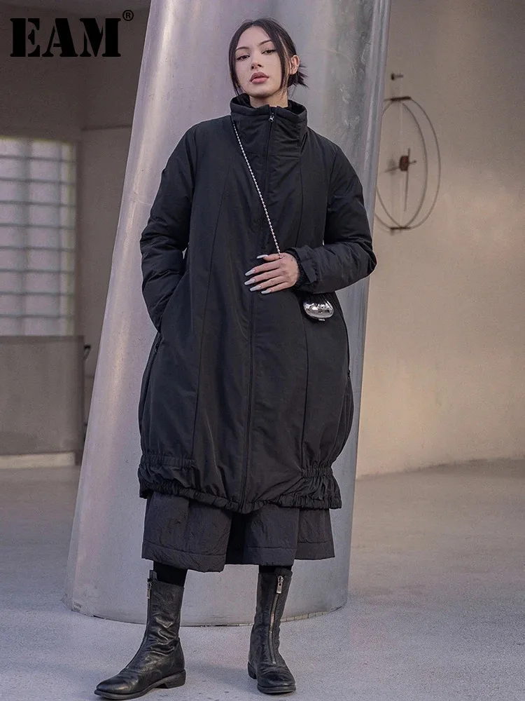 [EAM] Schwarz Große Größe Dicke Lange Baumwolle gefütterte Mantel Lange Hülse Lose Fit Frauen Parkas Mode Neue Herbst winter 2024 1DF2660