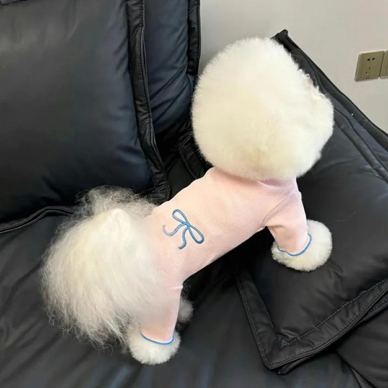 

Puppy Pajamas Summer Four-legged Dog Clothes Teddy Belly Protector Bichon Frise Bow Embroidery Jumpsuits Pet Home Clothes