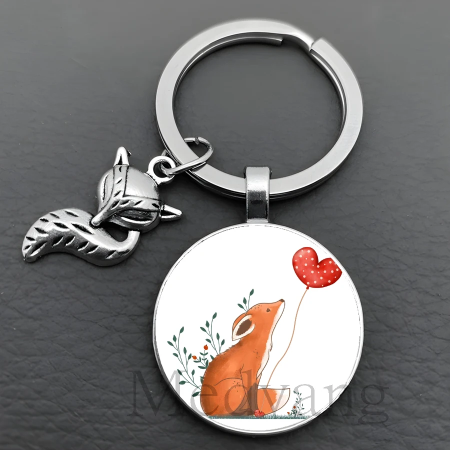 Cartoon long tail fox keyring cute fox animal glass keychain jewelry gift for women and girls