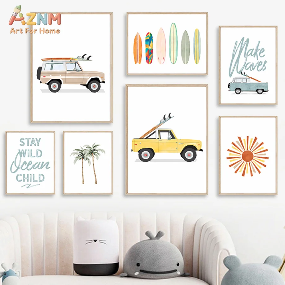 AZNM Boho Surf Van Beach Palm Tree Canvas Wall Art Print Decor
