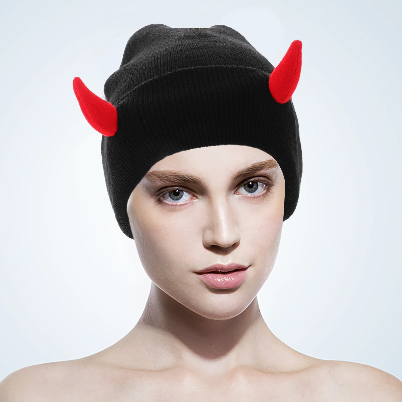 デーモンホーンニット帽子暖かいアクリルハロウィンビーニーユニークな雄牛の角のデザイン女性男性パーティー屋外ストリートファッションウェア