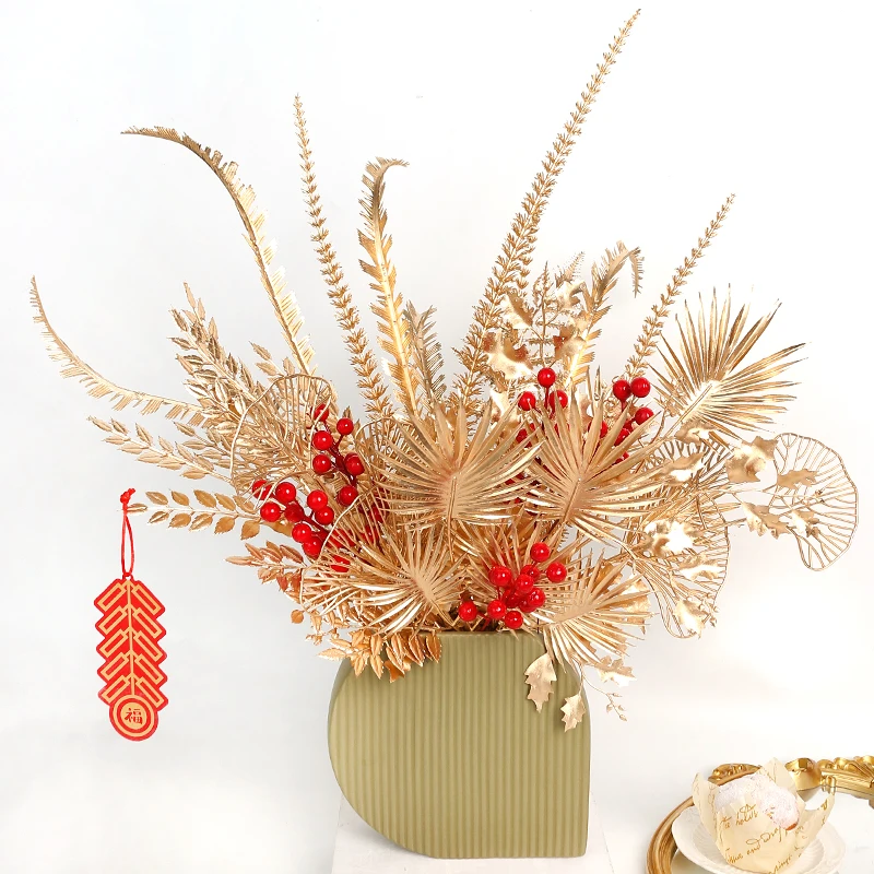 3/5Pcs Golden Artificial Flowers Bouquet for Home Decor New Year Christmas Party Decoration DIY Vase Ornaments Plant Accessories