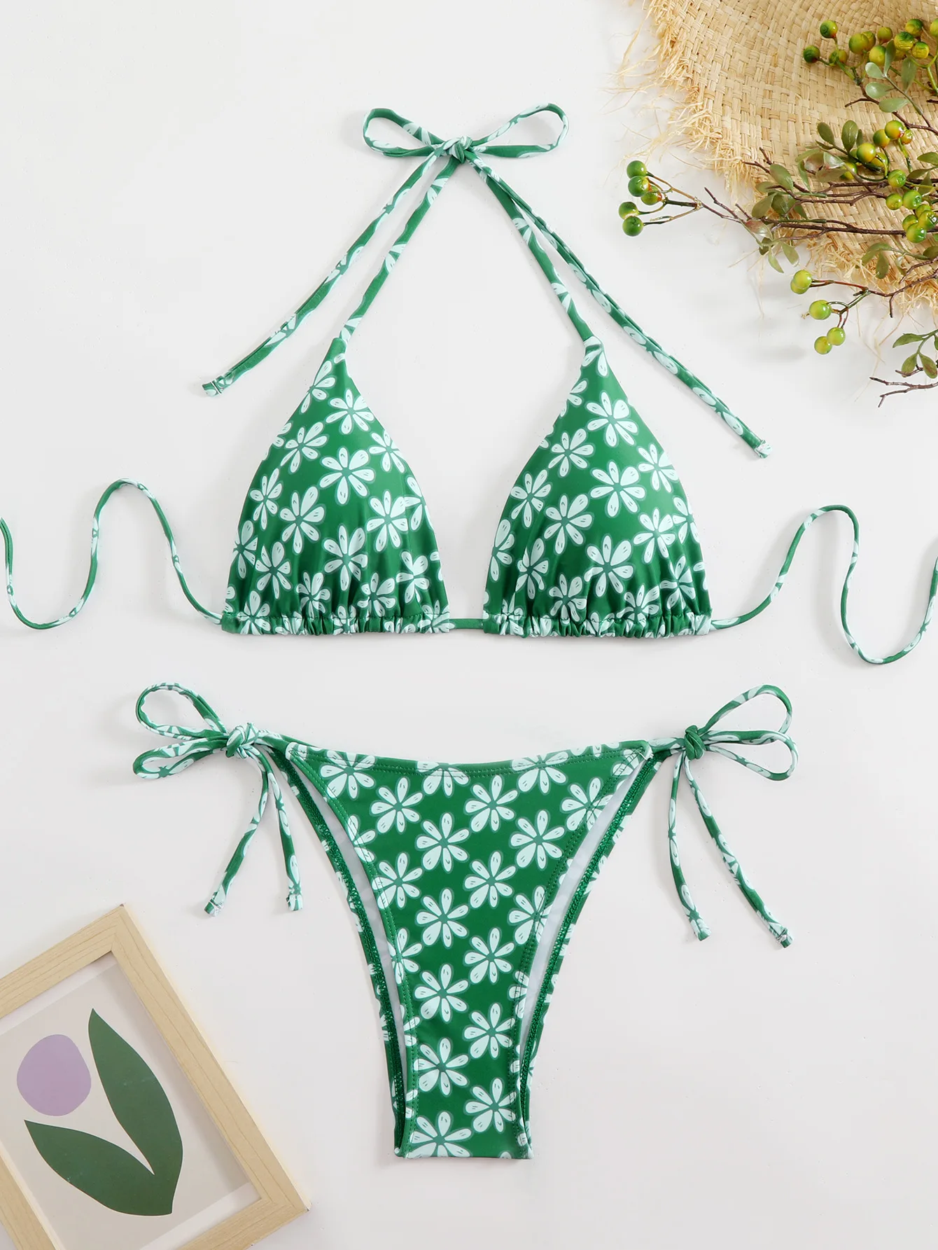 

Сексуальные комплекты микро-бикини с зеленым цветочным принтом, комплект из двух предметов, купальник с завязками на шее, купальник conjunto de bikini tankini, пляжная одежда, бикини