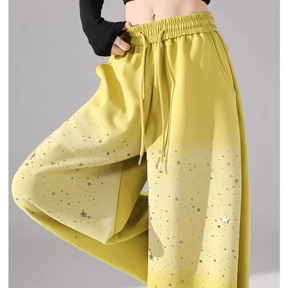 Star Rhinestone Gradient Color Casual Sweatpants Women's Autumn Elastic Waist Drawstring Fashion Female Wide Leg Long Pants