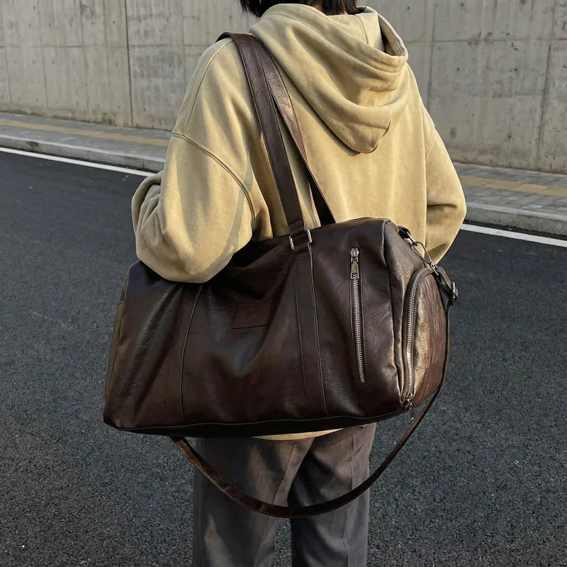 Soft PU Leather Duffle Bag for Travel Shoe Compartment, Weekender Overnight Gym Bag for Men Women, Carry On Bag Brand Travel Bag
