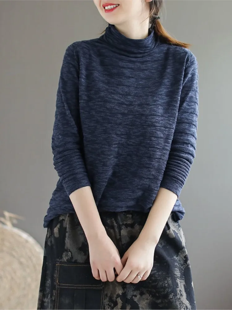 T-shirt pullover dolcevita autunnale lavorata a maglia oversize da donna Camicette da donna a pieghe larghe casual T-shirt da donna alla moda