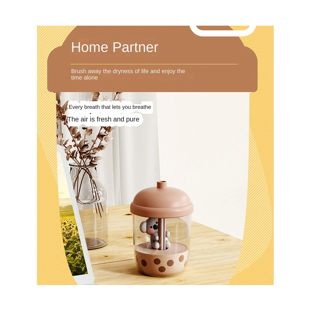 휴대용 코알라 우유 차 컵 공기 정화 가습기, USB 데스크탑 물 무화기 디퓨저, 침실 핑크, 450ml