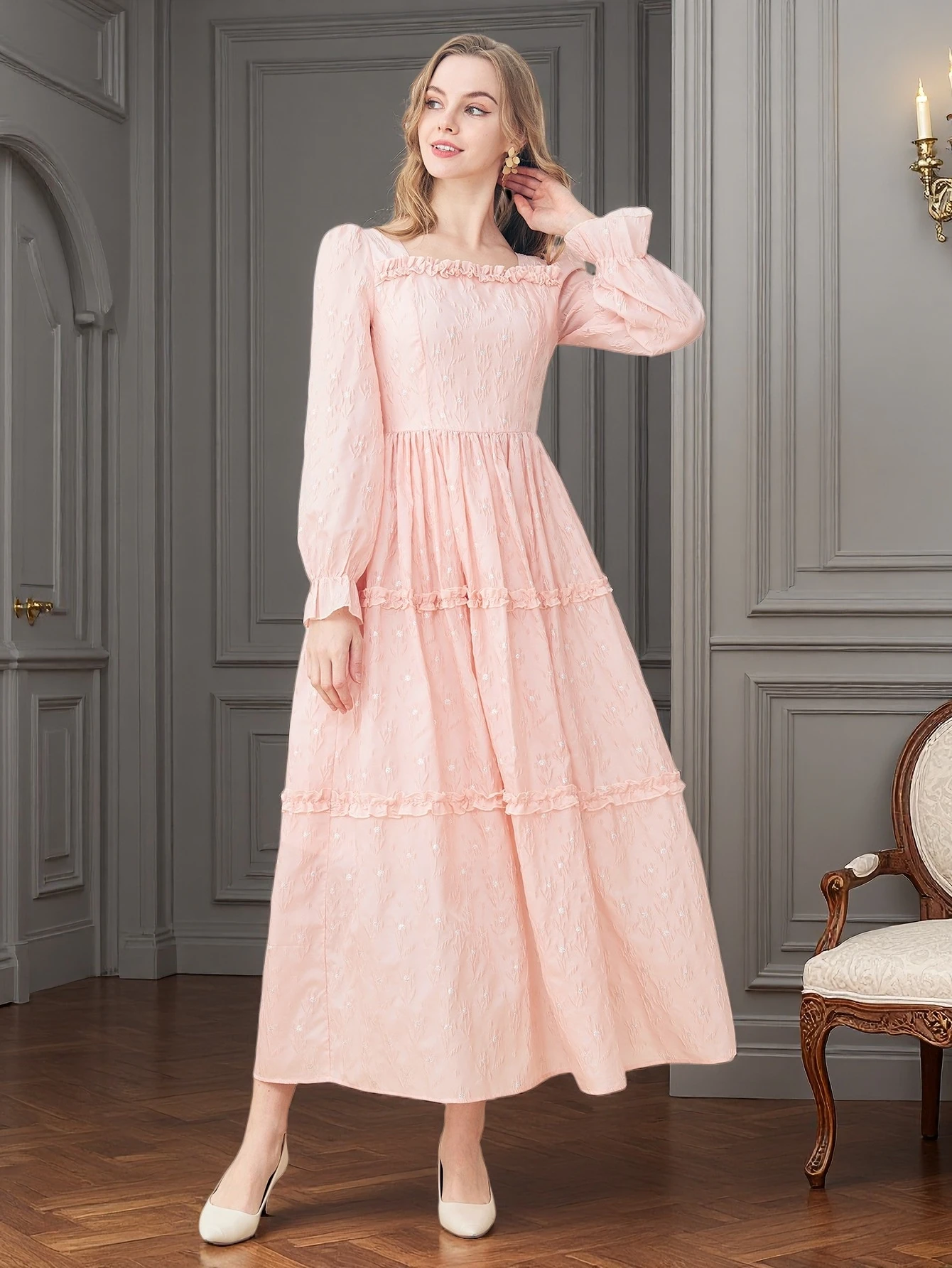 

DEVCHATA элегантное женское жаккардовое модное длинное платье макси розового цвета с рюшами по подолу повседневное женское платье для отпуска женское вечернее платье