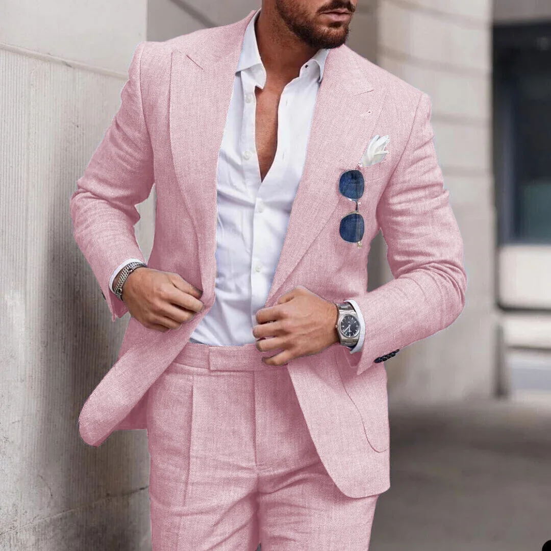 Beige Linen Summer Casual Men Suit Wedding Suits For Men High Quality Custom Prom Elegant Blazer Slim Fit 2 Piece Costume Homme