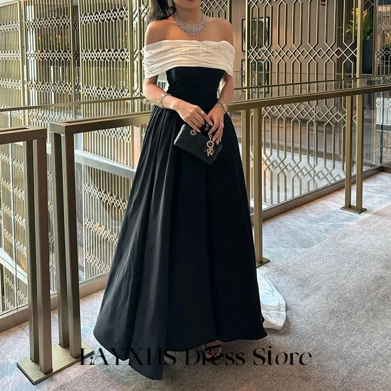 LAYXHS Elegante avondjurken Zwart wit Uit de schouder A-lijn Hofsleep Galajurken Op maat gemaakte robes de soirée
