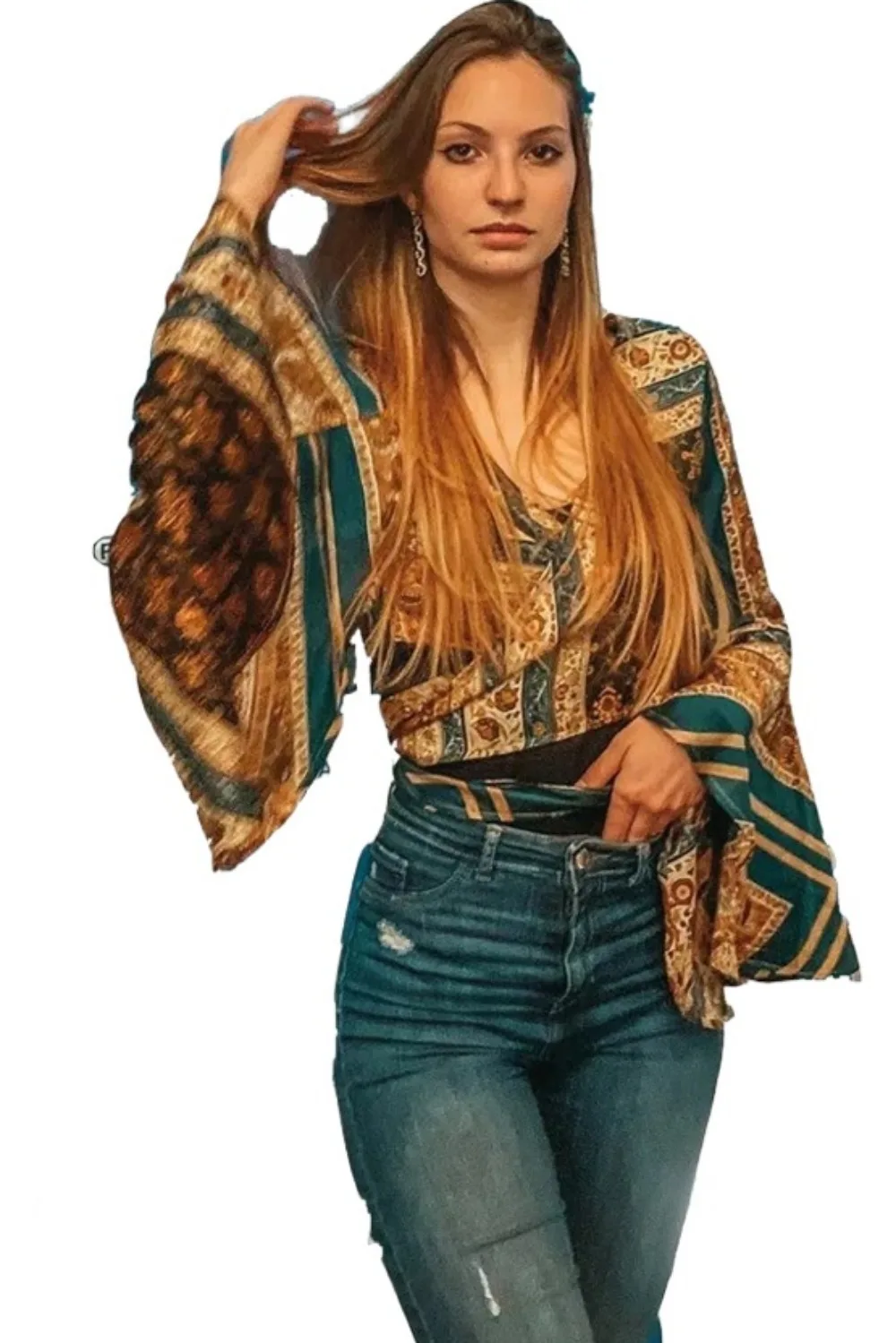 Vintage Printed Flare Sleeve Y2K Sexy Deep V Neck Cropped Top Casual Bohemian Blouses Ankara Dashiki African Dresses for Women