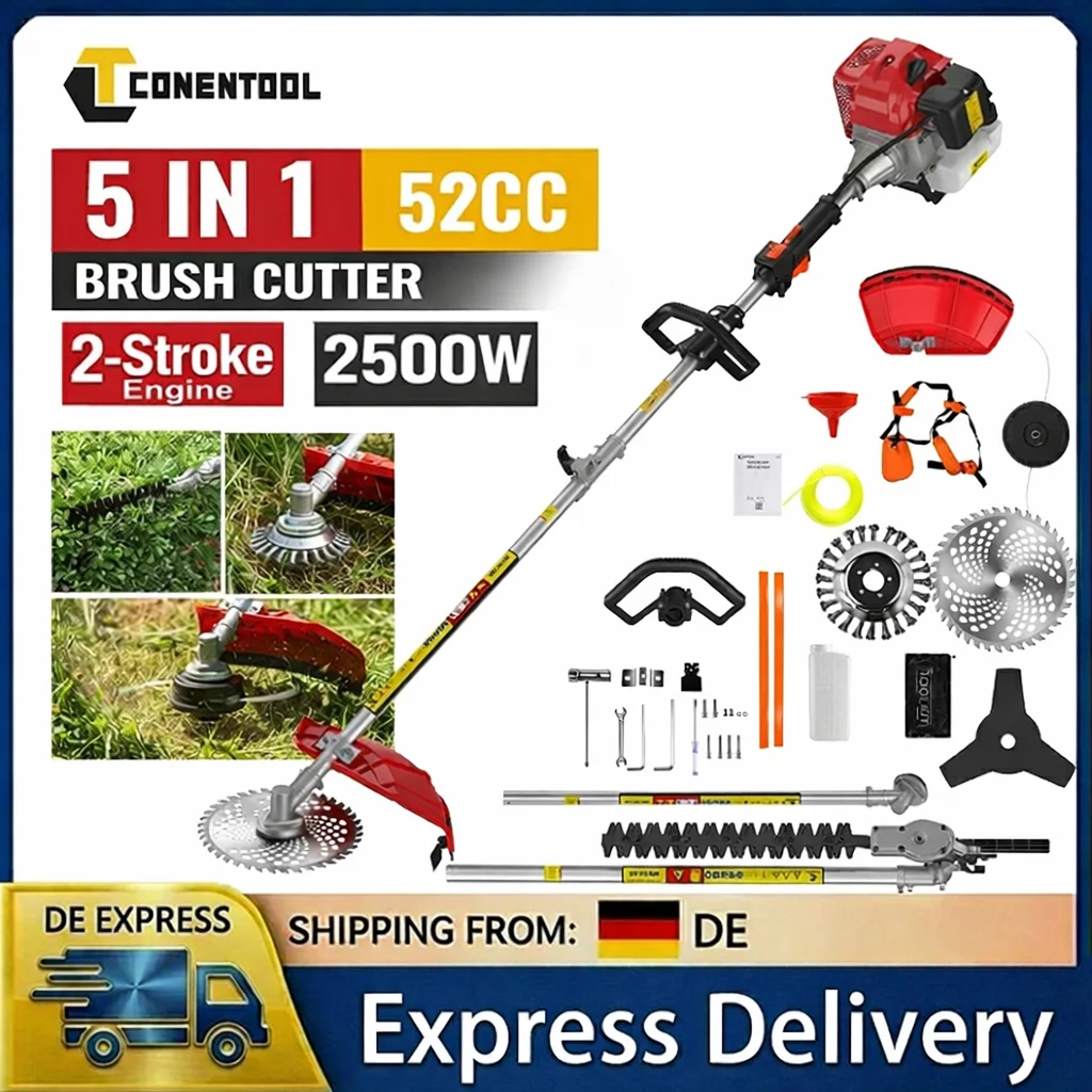 Conentool 11000RPM 52CC Benzin-Freischneider 5-in-1 Handgeführter Garten-Rasentrimmer 2-Takt Heckenschere Kettensäge Werkzeug