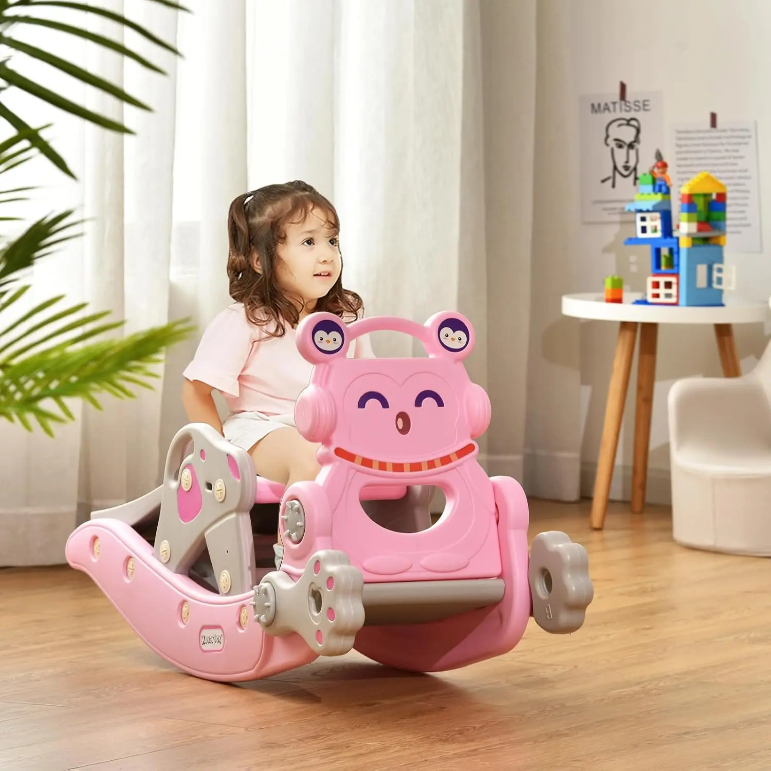6-in-1 Toddler Slide Rocking Toy, Kids Slide with Stool (Pink)