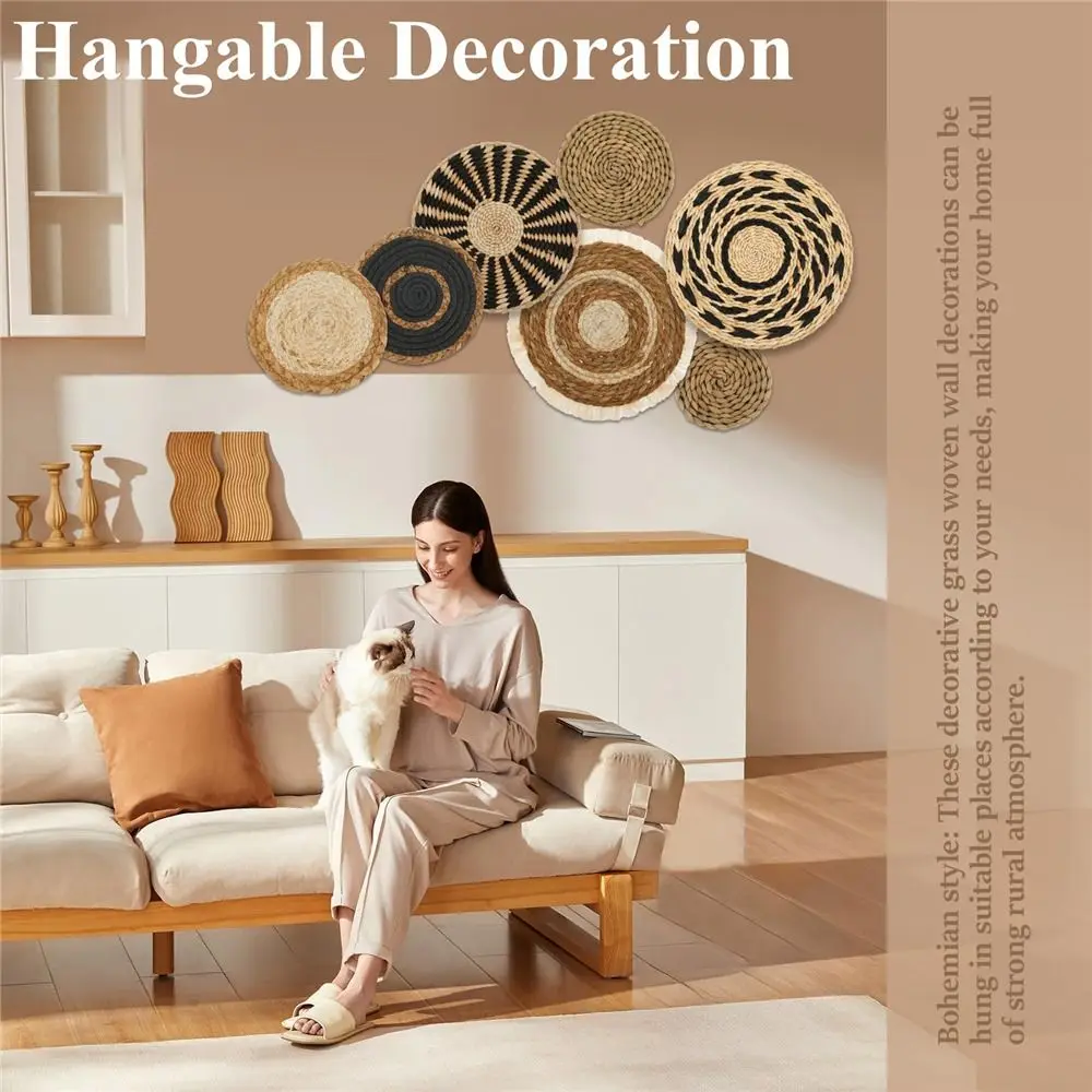 7PCS Boho Wall Baskets Round Shape Seagrass Handmade Wall Art Room Decor Rattan Wicker Hanging Wall Basket