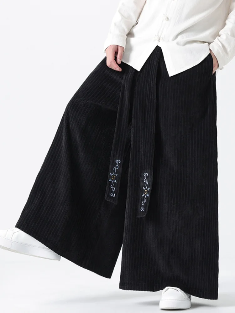 

New Chinese Sle Corduroy Men's Pants Spring Large Size Loose Wide Leg Embroidered Belted Straight Casual Trousers