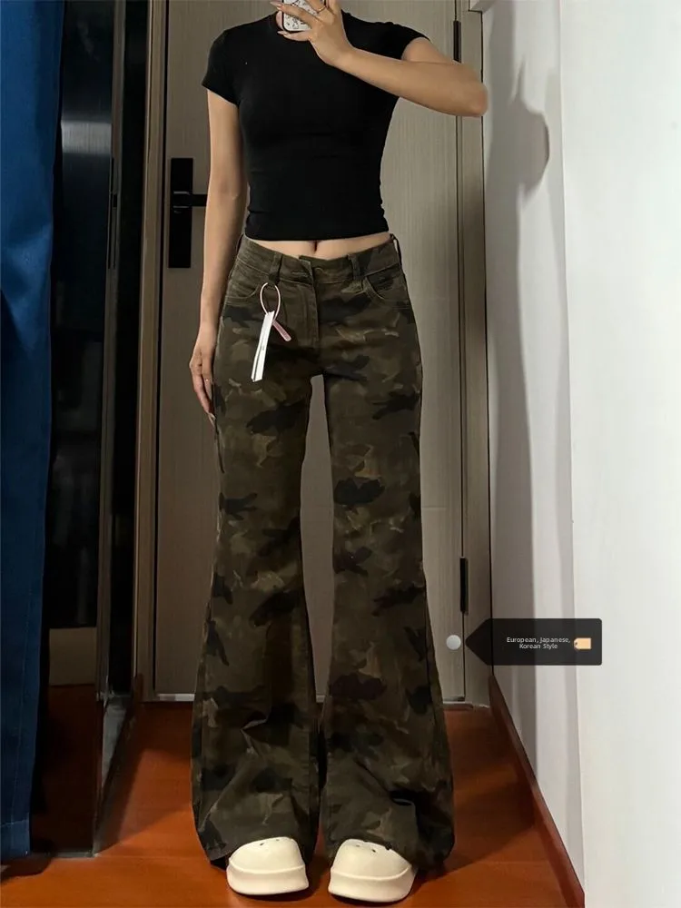 

plus Size American Retro Style Bell Bottom Camouflage Jeans Women's Summer New Commute Slim Straight Leg Denim Pants