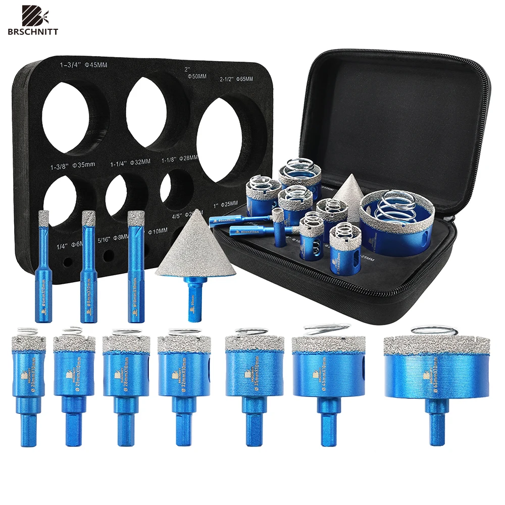 

BRSCHNITT Diamond Drill Core Bit Set 11pcs 6-65MM Ceramic Tile Spring for Tile Marble Granite Stone Porcelain Hole Saw Drill Bit